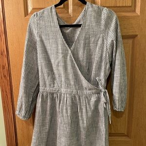 Blue and white pinstripe wrap dress